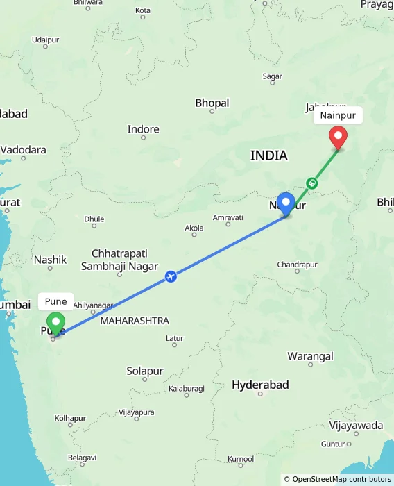Route map showing distance and travel time from Pune, India to Nainpur, India