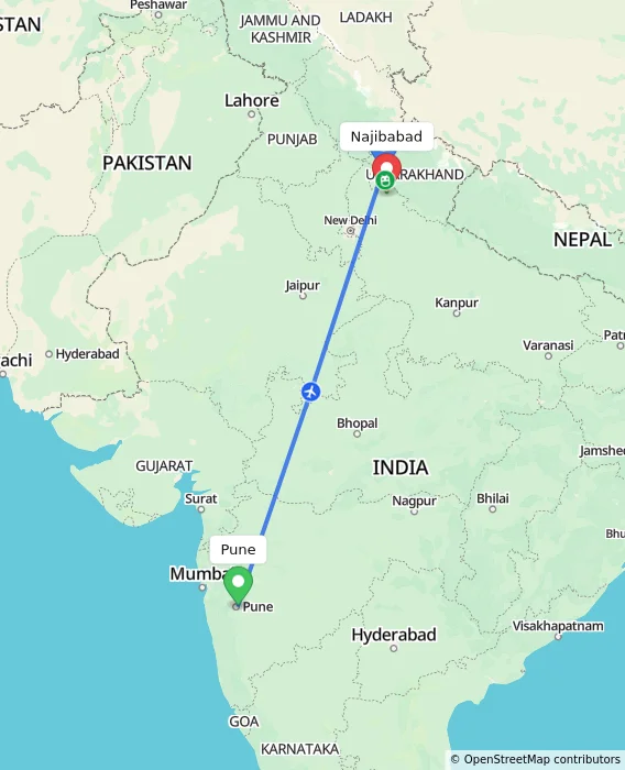 Route map showing distance and travel time from Pune, India to Najibabad, India