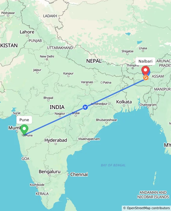 Route map showing distance and travel time from Pune, India to Nalbari, India