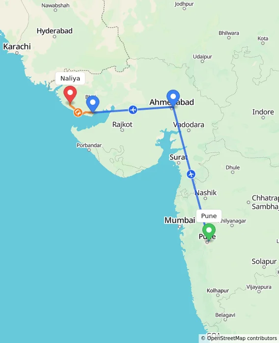 Route map showing distance and travel time from Pune, India to Naliya, India