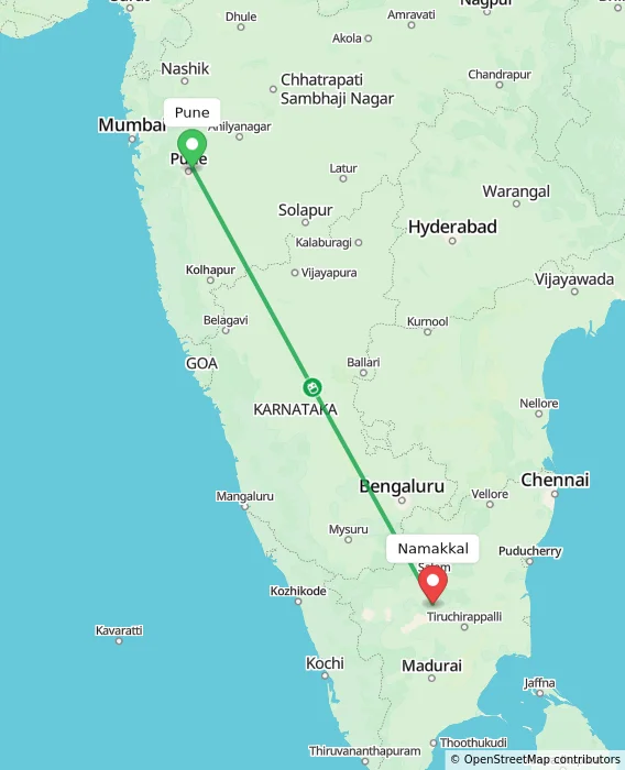 Route map showing distance and travel time from Pune, India to Namakkal, India