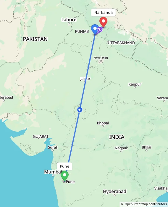Route map showing distance and travel time from Pune, India to Narkanda, India