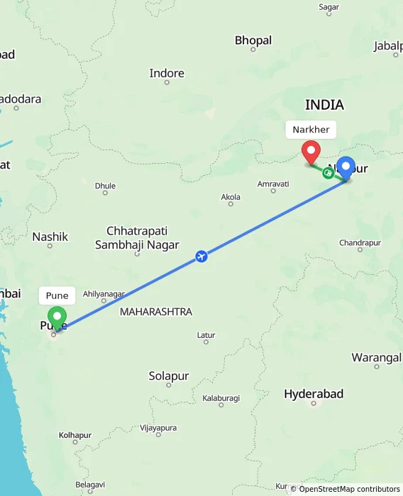 Route map showing distance and travel time from Pune, India to Narkher, India