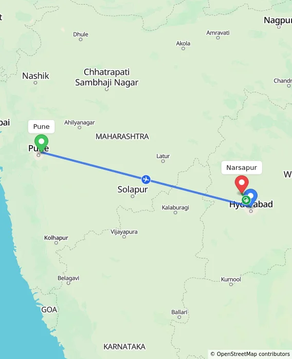 Route map showing distance and travel time from Pune, India to Narsapur, India