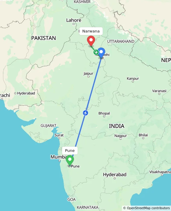 Route map showing distance and travel time from Pune, India to Narwana, India