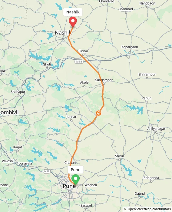 Route map showing distance and travel time from Pune, India to Nashik, India