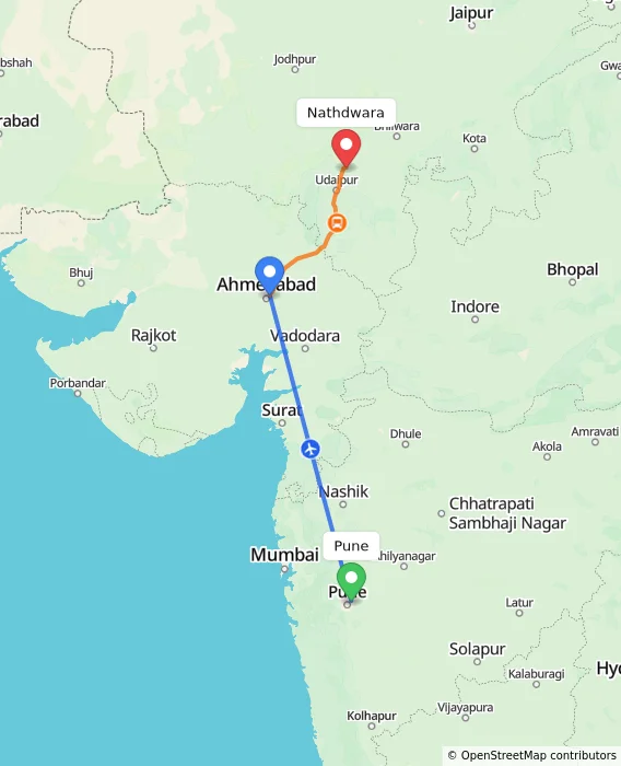 Route map showing distance and travel time from Pune, India to Nathdwara, India