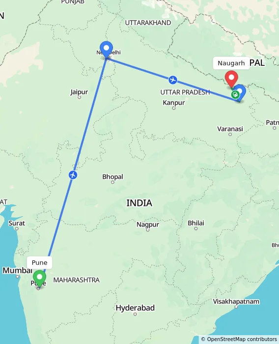 Route map showing distance and travel time from Pune, India to Naugarh, India