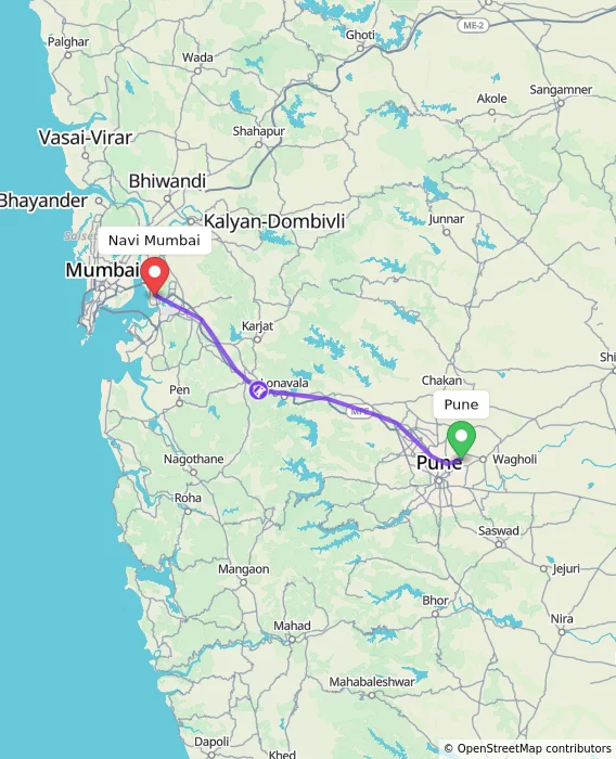 Route map showing distance and travel time from Pune, India to Navi Mumbai, India