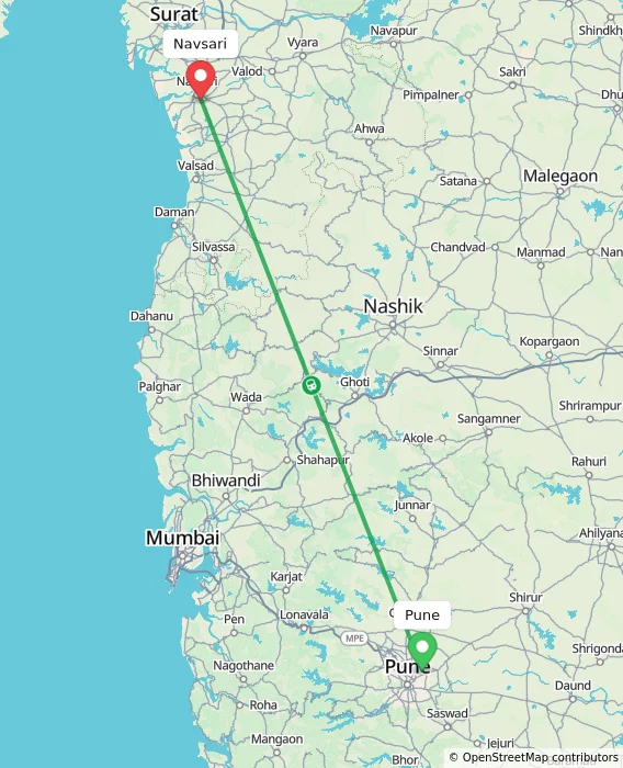Route map showing distance and travel time from Pune, India to Navsari, India