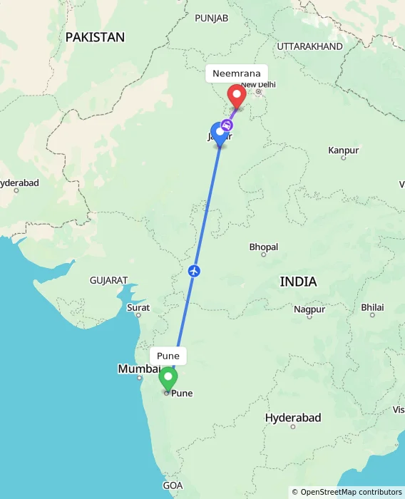 Route map showing distance and travel time from Pune, India to Neemrana, India