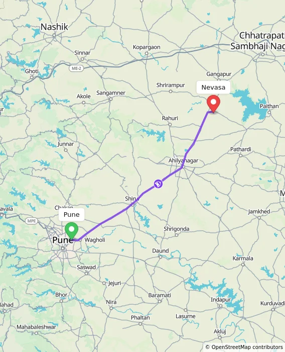 Route map showing distance and travel time from Pune, India to Nevasa, India