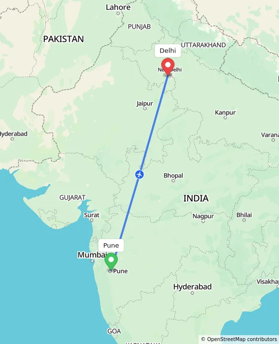 Route map showing distance and travel time from Pune, India to Delhi, India