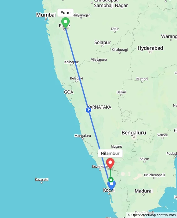 Route map showing distance and travel time from Pune, India to Nilambur, India