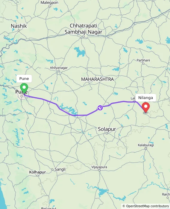 Route map showing distance and travel time from Pune, India to Nilanga, India