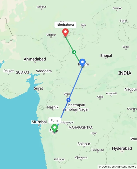 Route map showing distance and travel time from Pune, India to Nimbahera, India