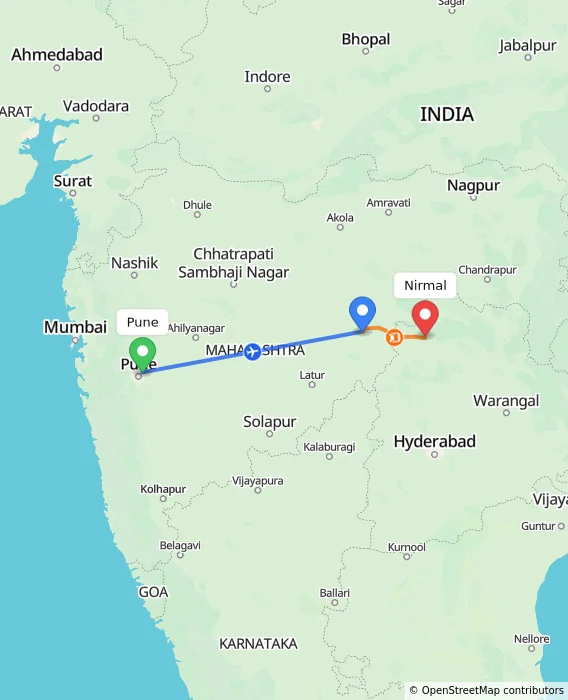 Route map showing distance and travel time from Pune, India to Nirmal, India