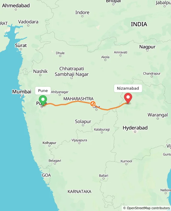 Route map showing distance and travel time from Pune, India to Nizamabad, India