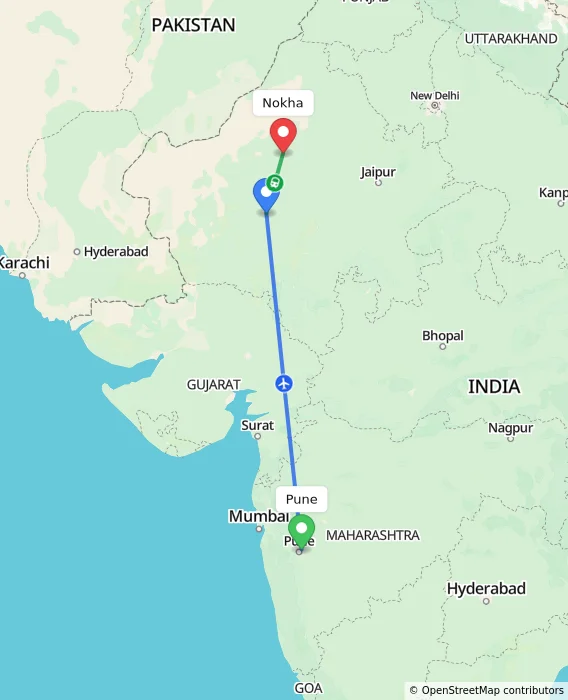 Route map showing distance and travel time from Pune, India to Nokha, India