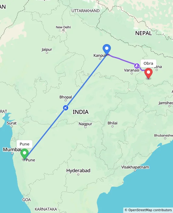 Route map showing distance and travel time from Pune, India to Obra, India
