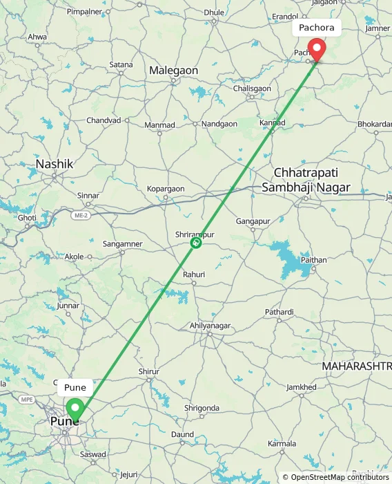 Route map showing distance and travel time from Pune, India to Pachora, India