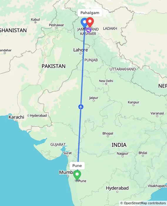 Route map showing distance and travel time from Pune, India to Pahalgam, India