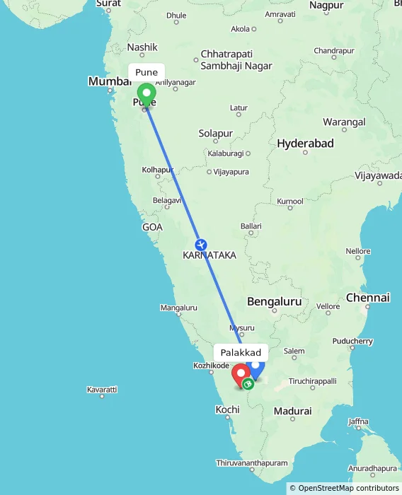 Route map showing distance and travel time from Pune, India to Palakkad, India