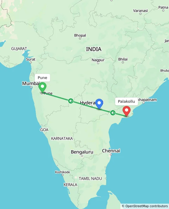 Route map showing distance and travel time from Pune, India to Palakollu, India