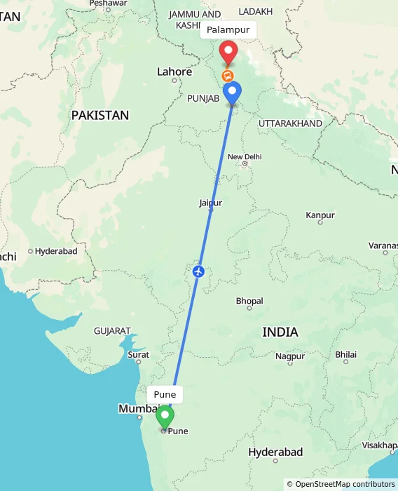 Route map showing distance and travel time from Pune, India to Palampur, India