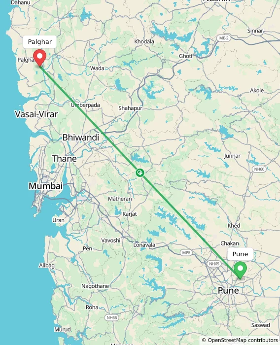 Route map showing distance and travel time from Pune, India to Palghar, India