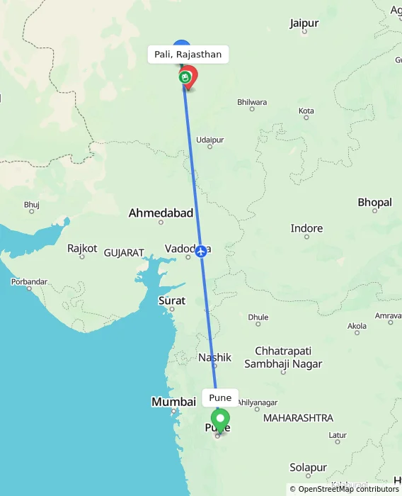 Route map showing distance and travel time from Pune, India to Pali, Rajasthan, India