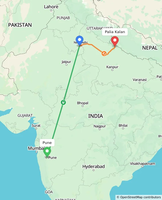 Route map showing distance and travel time from Pune, India to Palia Kalan, India