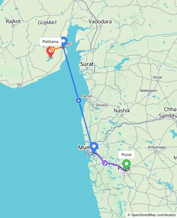Route map showing distance and travel time from Pune, India to Palitana, India