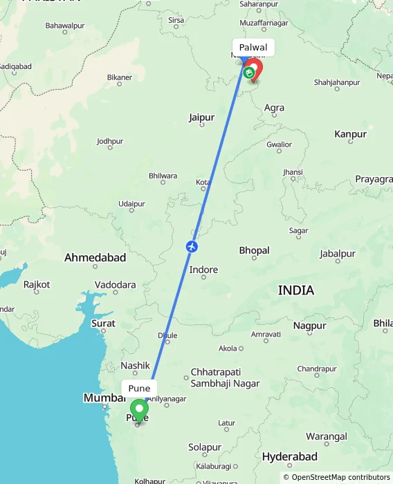 Route map showing distance and travel time from Pune, India to Palwal, India