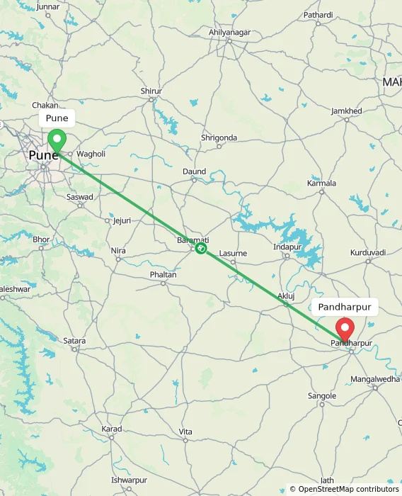 Route map showing distance and travel time from Pune, India to Pandharpur, India