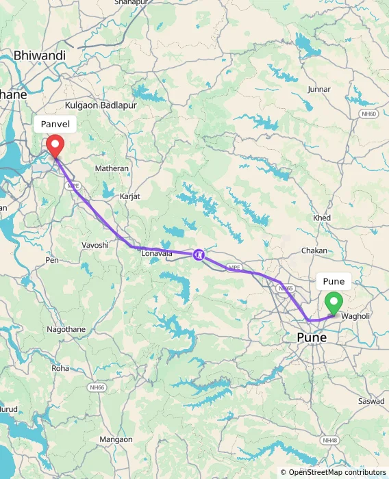Route map showing distance and travel time from Pune, India to Panvel, India