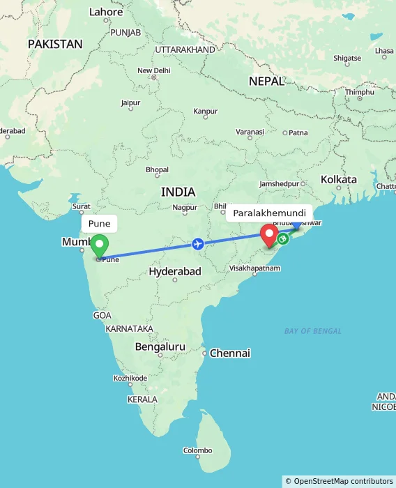 Route map showing distance and travel time from Pune, India to Paralakhemundi, India