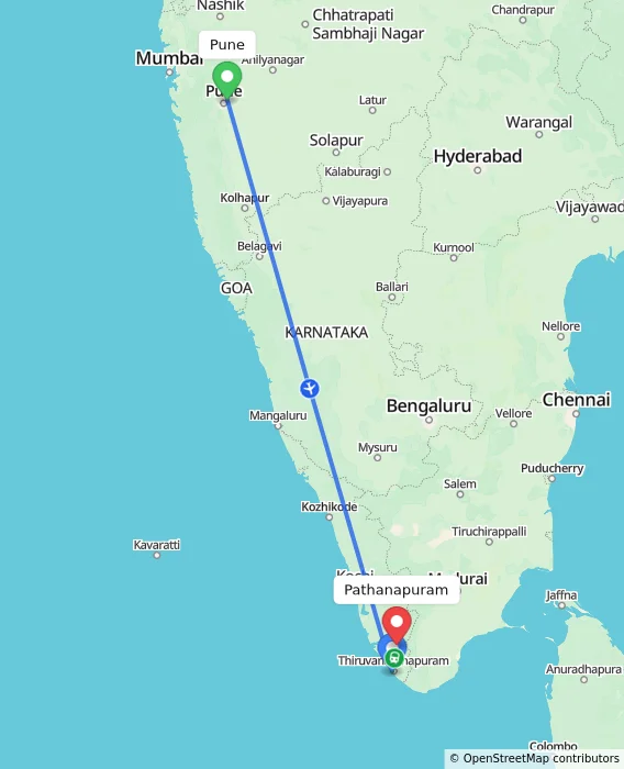 Route map showing distance and travel time from Pune, India to Pathanapuram, India