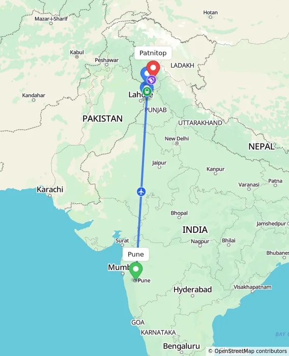 Route map showing distance and travel time from Pune, India to Patnitop, India