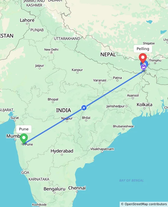 Route map showing distance and travel time from Pune, India to Pelling, India