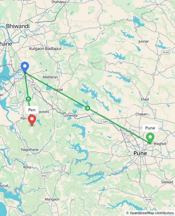 Route map showing distance and travel time from Pune, India to Pen, India