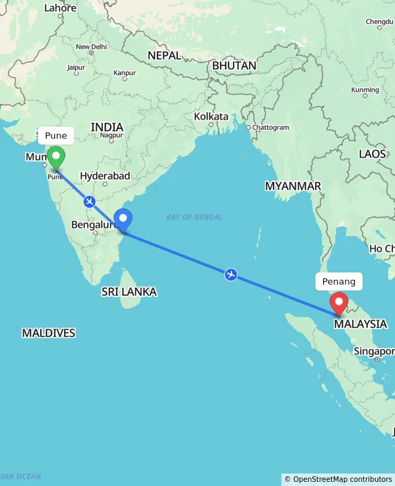 Route map showing distance and travel time from Pune, India to Penang, Malaysia