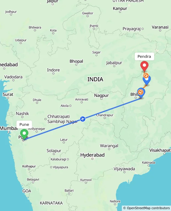 Route map showing distance and travel time from Pune, India to Pendra, India