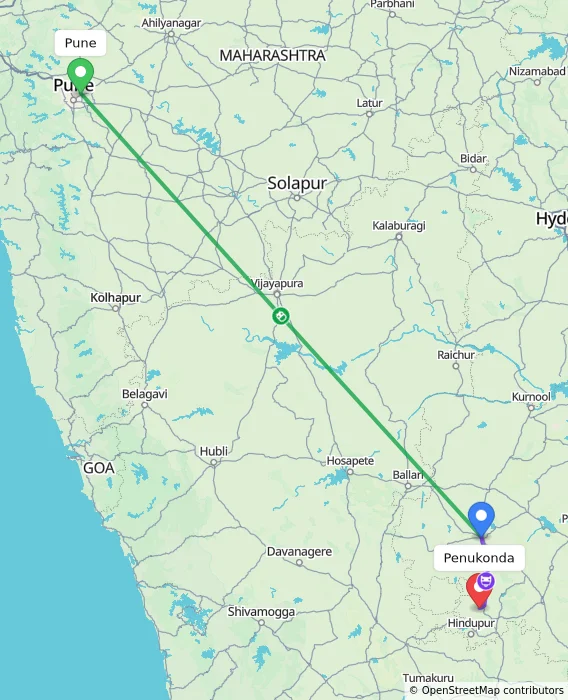 Route map showing distance and travel time from Pune, India to Penukonda, India