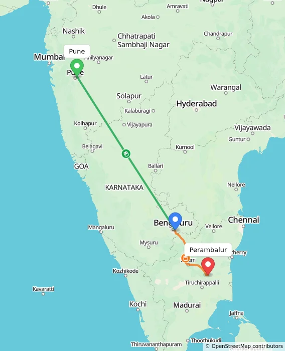 Route map showing distance and travel time from Pune, India to Perambalur, India