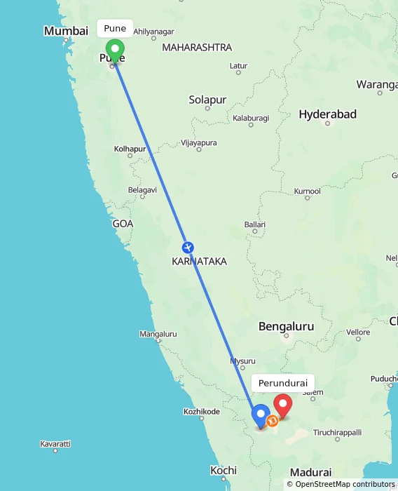 Route map showing distance and travel time from Pune, India to Perundurai, India