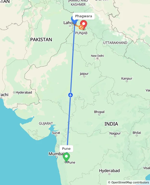 Route map showing distance and travel time from Pune, India to Phagwara, India