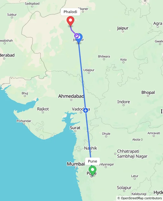 Route map showing distance and travel time from Pune, India to Phalodi, India