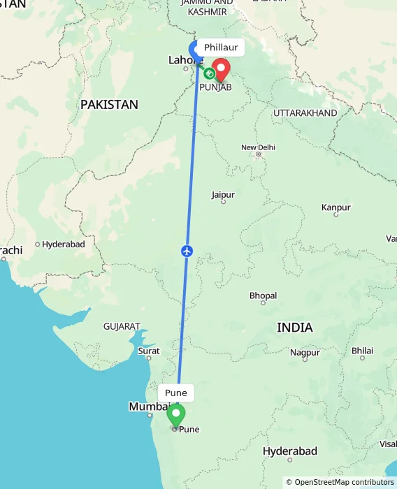 Route map showing distance and travel time from Pune, India to Phillaur, India