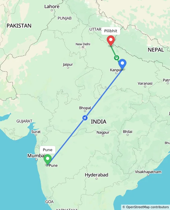 Route map showing distance and travel time from Pune, India to Pilibhit, India